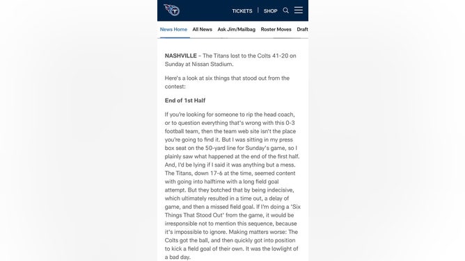Screenshot of TennesseeTitans.com account of a 41-20 loss to the Indianapolis Colts (Titans.com)